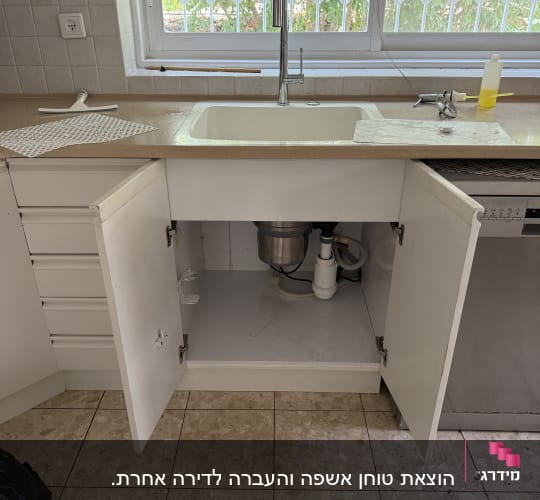 כיור מטבח עם ארון פתוח, צנרת גלויה